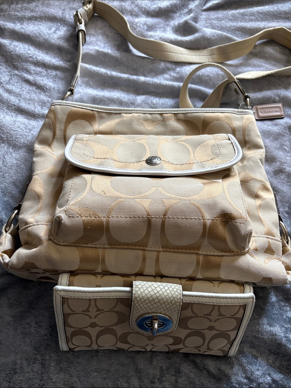 Coach Beige Signature Canvas Crossbody Bag with Leather Trim